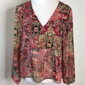Wayf SM Top Shirt Blouse Floral Flowy V-Neck Semi Sheer